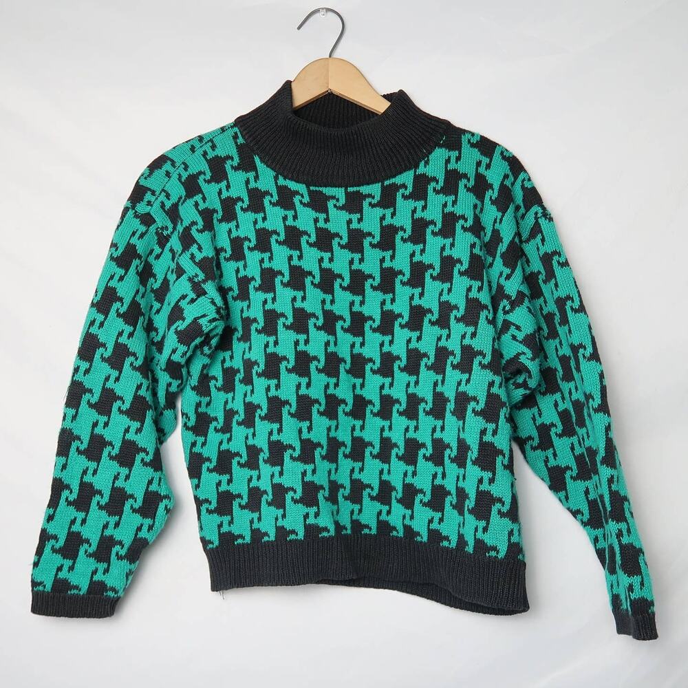 Vintage 90s teal green and black houndstooth knit mockneck sweater L